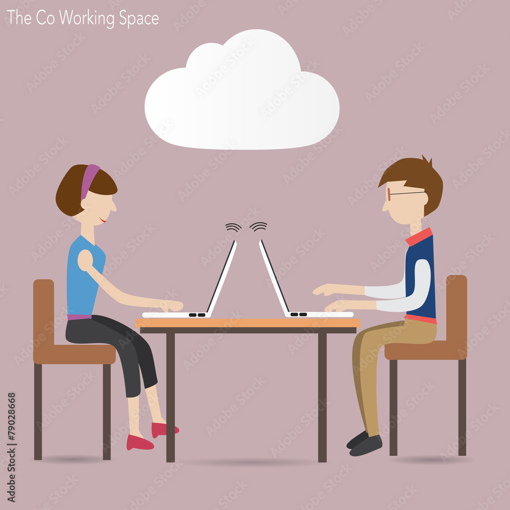 Two people in co working space and cloud concept Two people in co working space and cloud concept