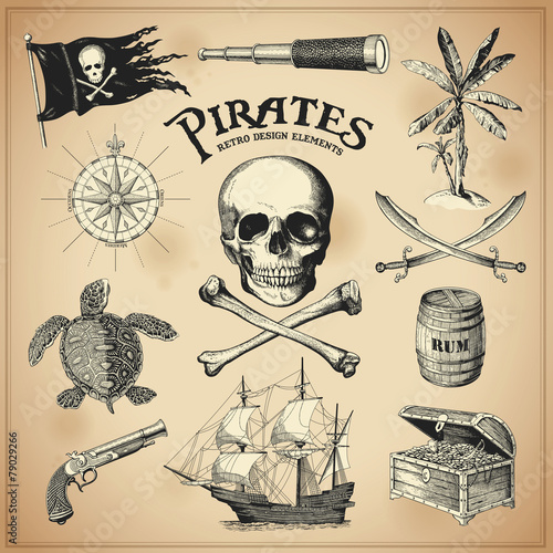 collection of hand-drawn pirates design elements