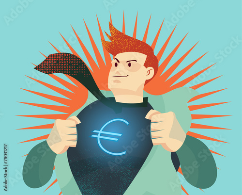 young businessman tearing his shirt off with euro dollar sign