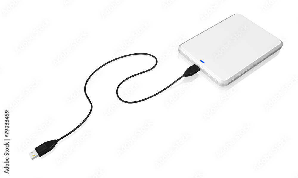 Portable external hard disk drive with USB cable on white backgr Portable external hard disk drive with USB cable on white backgr