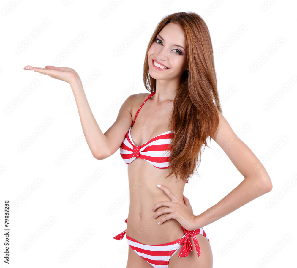 Beautiful young woman in swimsuit isolated on white Beautiful young woman in swimsuit isolated on white