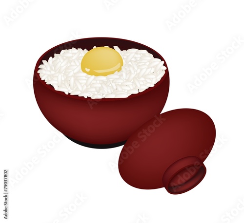 Bowl of White Rice with Raw Egg photo