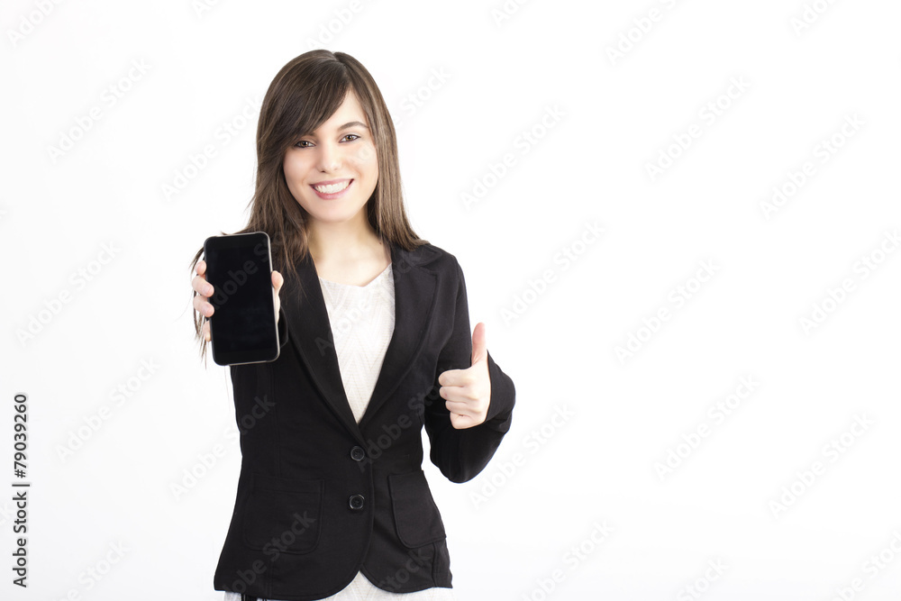 Businesswoman On A White Background showing mobile phone Businesswoman On A White Background showing mobile phone