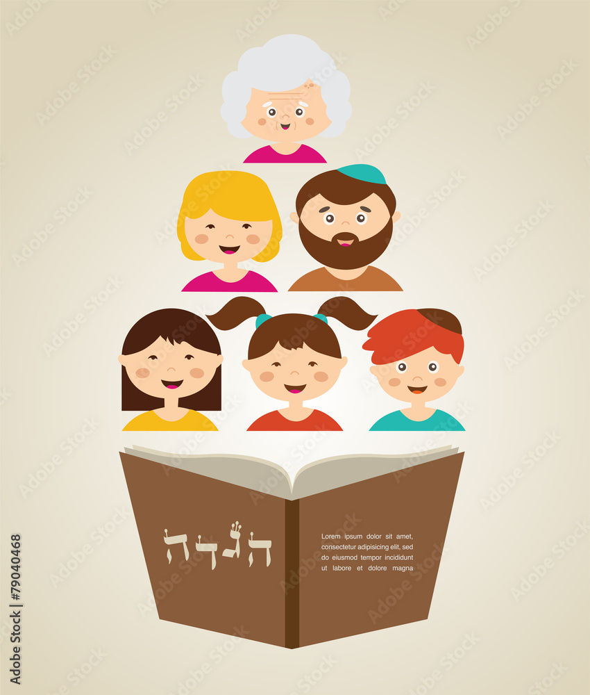 family reading hagada book at passover holiday, illustration family reading hagada book at passover holiday, illustration