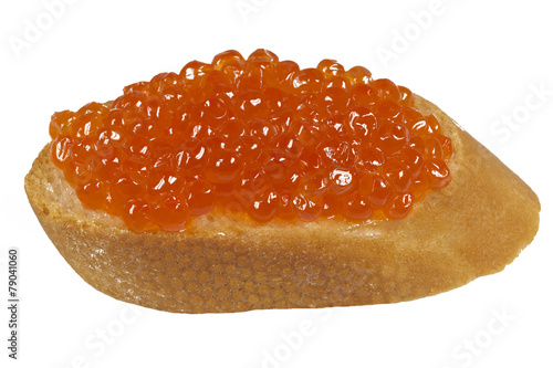 Tasty sandwich with red caviar on white background