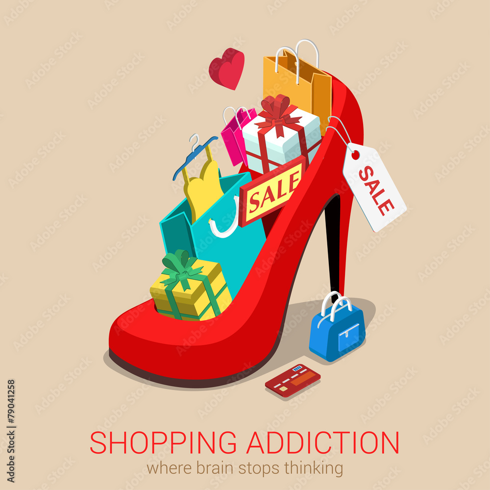 Shopping addiction sale madness flat 3d isometric web concept