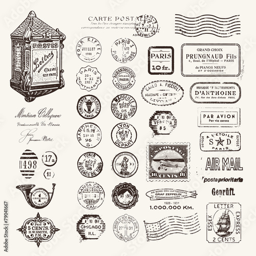 large collection of postage stamps and design elements