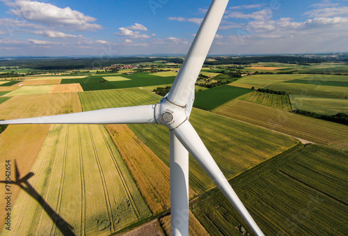 Wind turbine on a field, aerial photo
