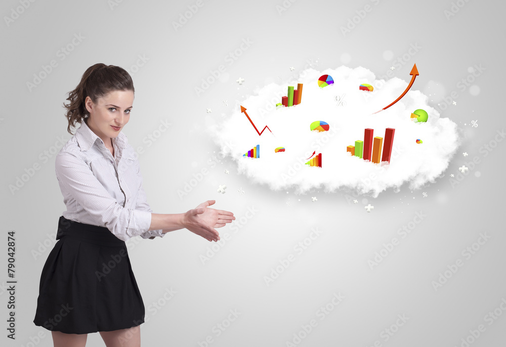 Young woman presenting cloud with graphs and charts Young woman presenting cloud with graphs and charts