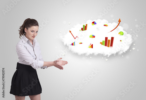 Young woman presenting cloud with graphs and charts