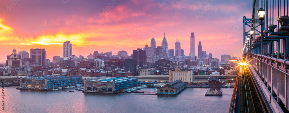 Philadelphia panorama under a hazy purple sunset