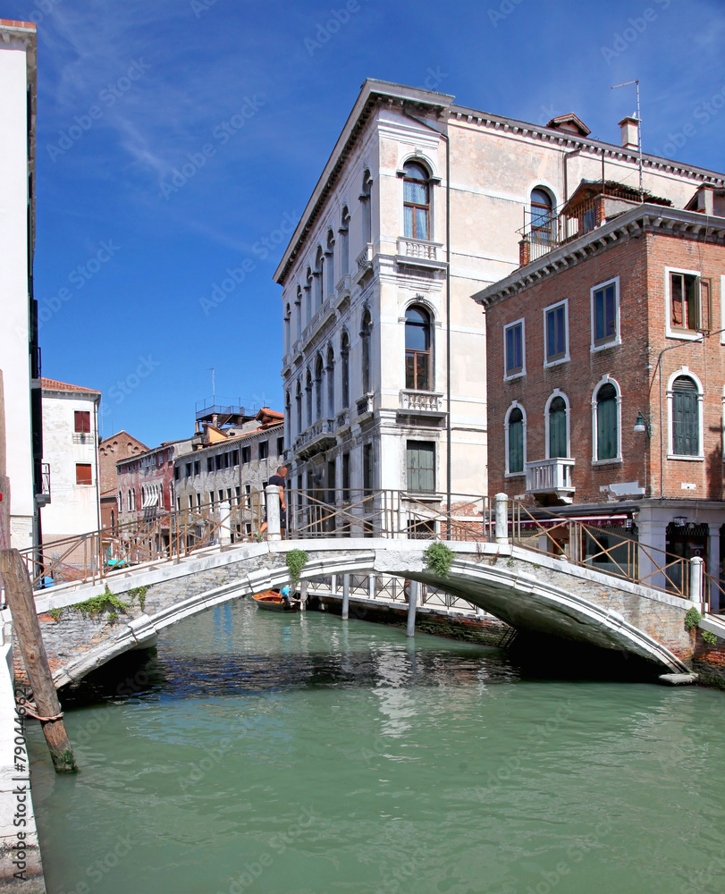 Narrow water canal and traditional buildings in Venice, Italy