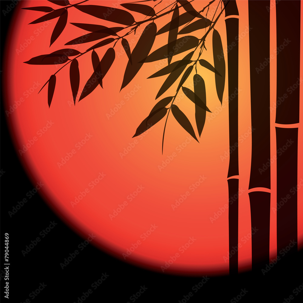 Naklejka premium Bamboo trees and leaves with red sun on black background.