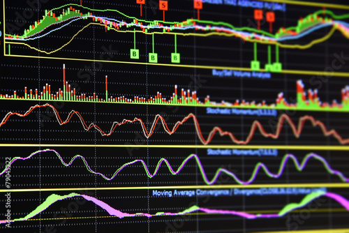Canvastavla Charts of financial instruments with various type of indicators for technical analysis on the monitor of a computer