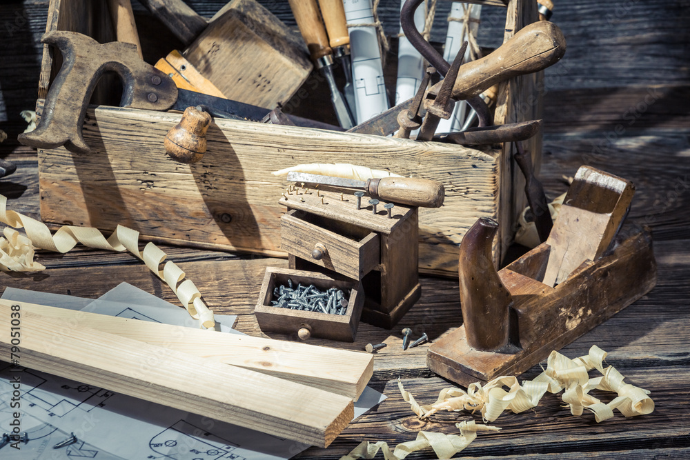Old carpentry workshop with toolbox