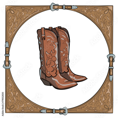 Cowboy boots in the western leather frame. Vector