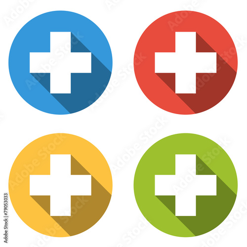 Collection of 4 isolated flat colorful buttons for help /add  wi