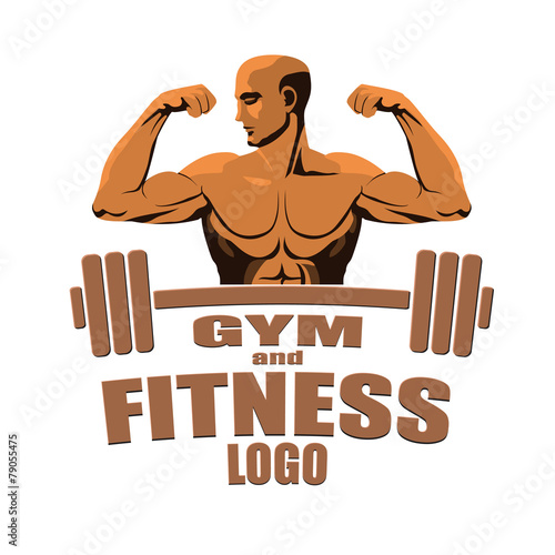 Fitness gym logo mock up bodybuilder showing biceps isolated