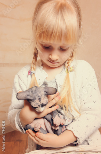 Cute little girl cuddling a small sphynx kitten