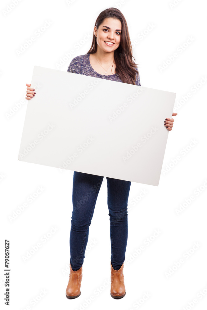 Cute girl with a white sign