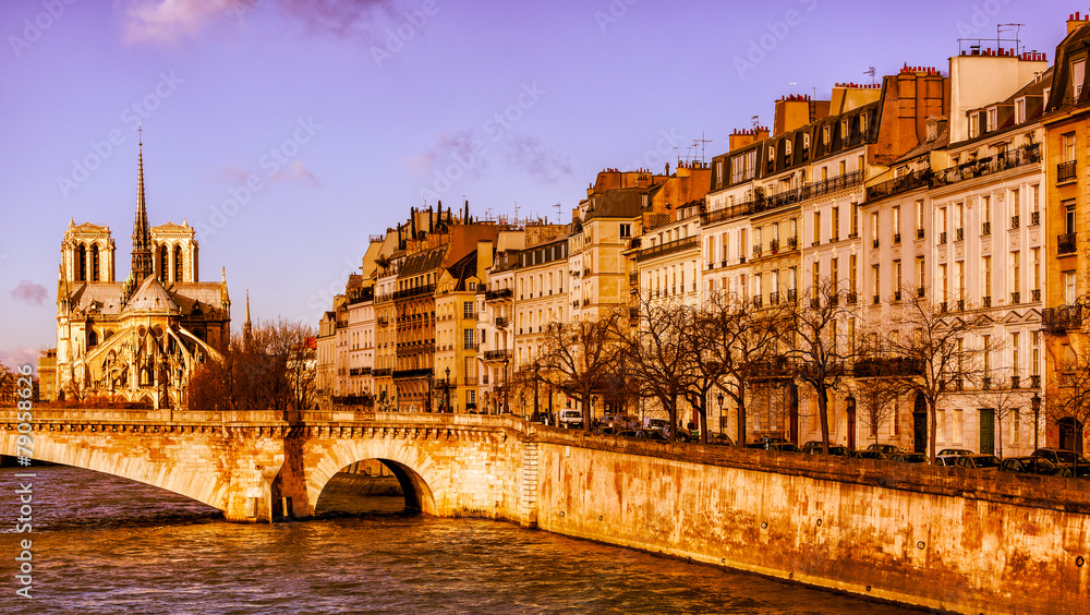 Paris at sunrise in gold light. River, bridge, Notre Dame
