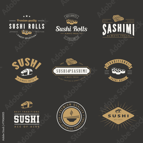 Sushi Rolls Sashimi Retro Vintage Labels Hipster Logo