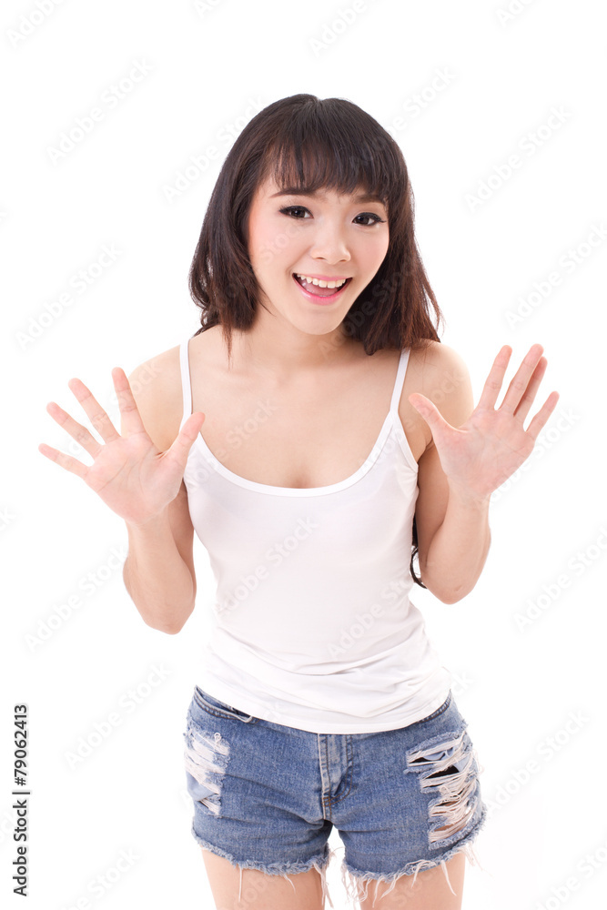 exited, happy, smiling woman looking at you or camera, white bac exited, happy, smiling woman looking at you or camera, white bac