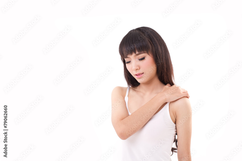 woman suffers from heavy shoulder pain or stiffness woman suffers from heavy shoulder pain or stiffness