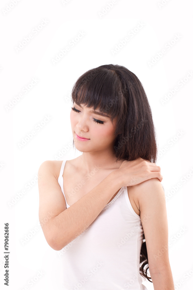 woman suffers from heavy shoulder pain or stiffness woman suffers from heavy shoulder pain or stiffness