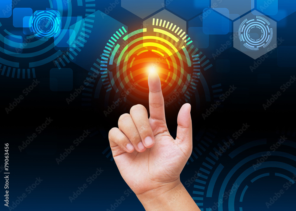 Hand pressing buttons with technology background Hand pressing buttons with technology background