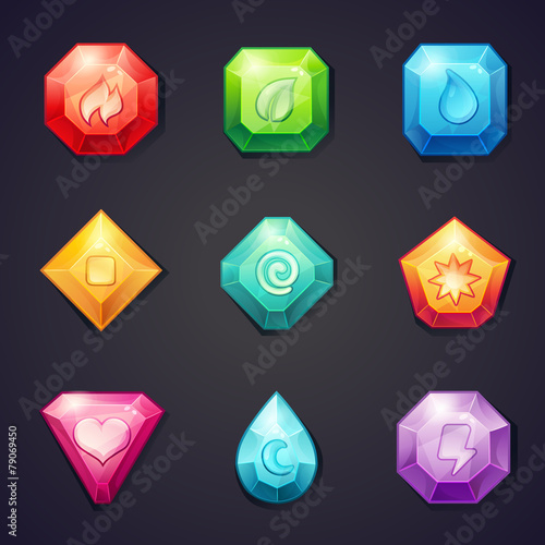 Set of cartoon colored stones - different signs element