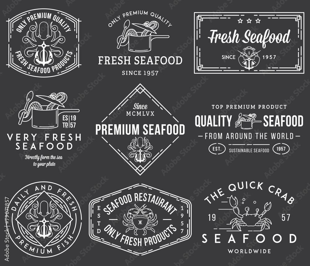 Seafood labels and badges vol. 1 white on black Seafood labels and badges vol. 1 white on black