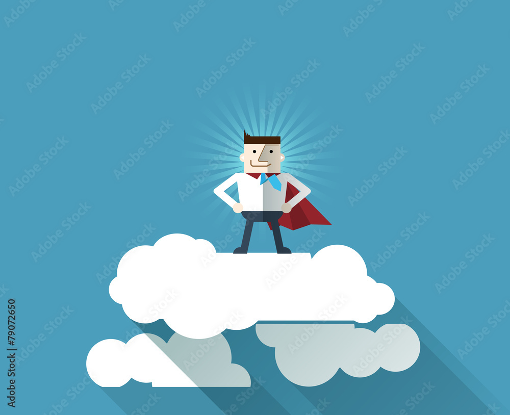 Cartoon businessman Superhero with a red cape on cloud Cartoon businessman Superhero with a red cape on cloud