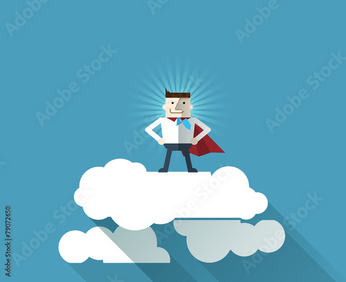 Cartoon businessman Superhero with a red cape on cloud