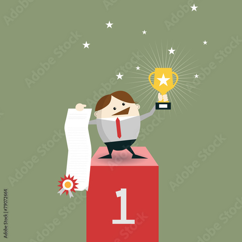 Businessman winner standing in first place on a podium