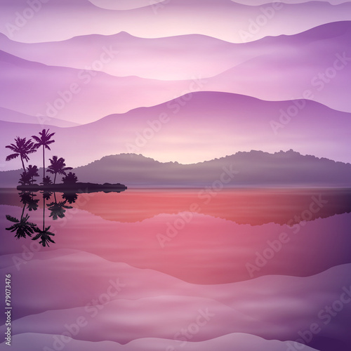 Purple background with sea and palm trees