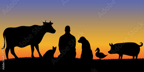 Silhouettes of man with many animals