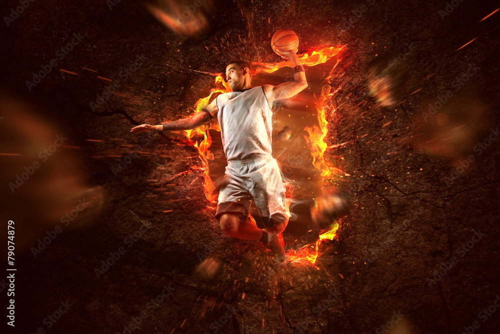 Basketball Player on Fire - obrazy, fototapety, plakaty 