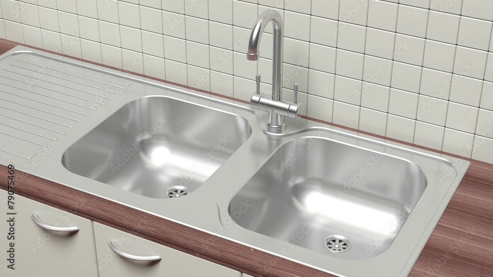 Fototapeta premium Kitchen cabinet closeup chrome sink