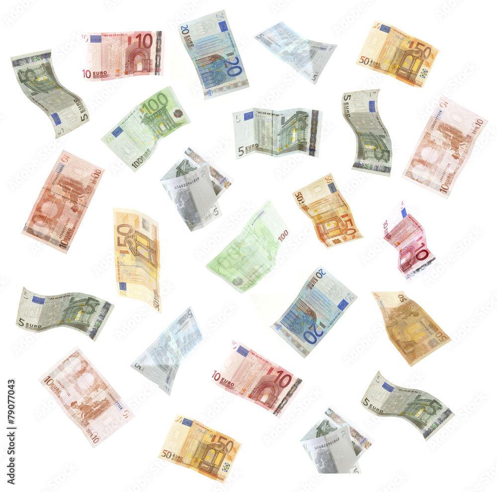 Flying Euro banknotes isolated on white