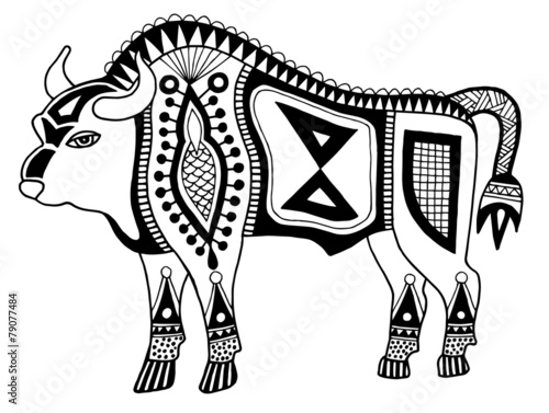 black and white original ethnic tribal bison drawing