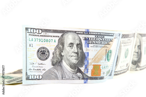 Hundred dollar bill on a white background.