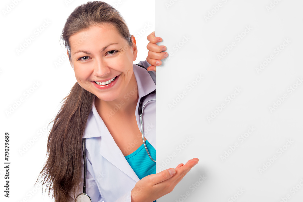 laughing beautiful nurse and a poster isolated on white backgrou laughing beautiful nurse and a poster isolated on white backgrou
