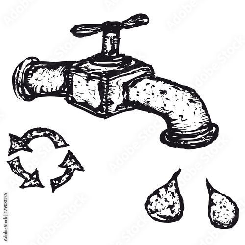 Hand drawn tap with drops of water