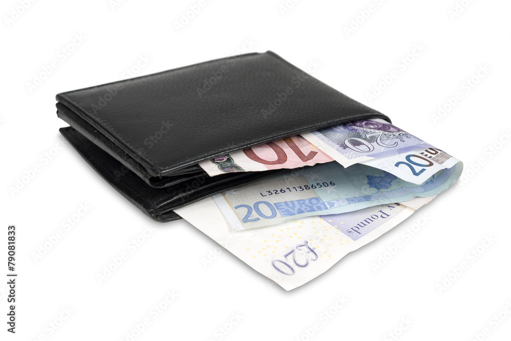 Wallet with euro and pound banknotes with clipping path. Wallet with euro and pound banknotes with clipping path.