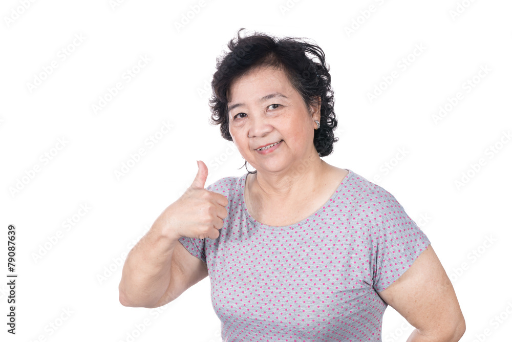Asian senior female giving you thumbs up over white background, Asian senior female giving you thumbs up over white background,