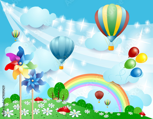 Spring background with balloons and pinwheels