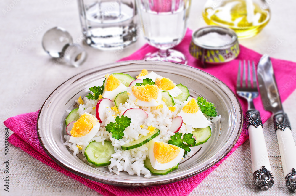 White rice with radish, cucumber and eggs White rice with radish, cucumber and eggs