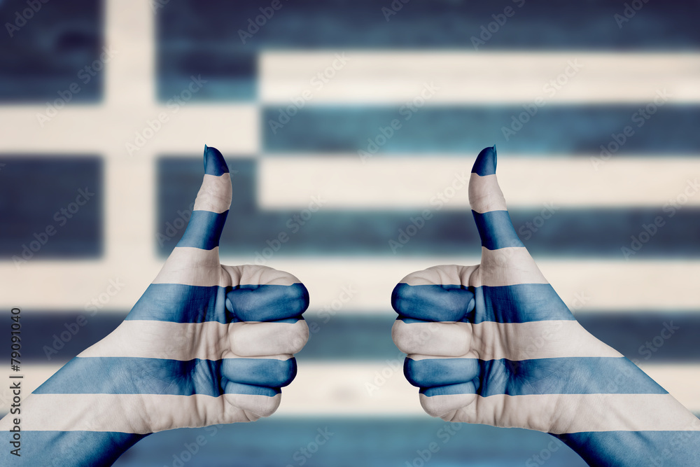 Greece flag painted on female hands thumbs up - obrazy, fototapety, plakaty 