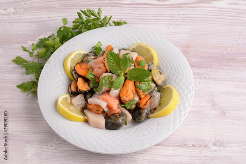 Dish with seafood, shellfish and fish